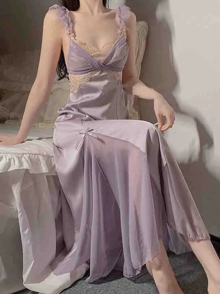BXOXO Spring Sexy Silk Strap Dress Women French Elegant Party Fairy Dress Backless Lace Long Dresses Women Court Vintage Korean