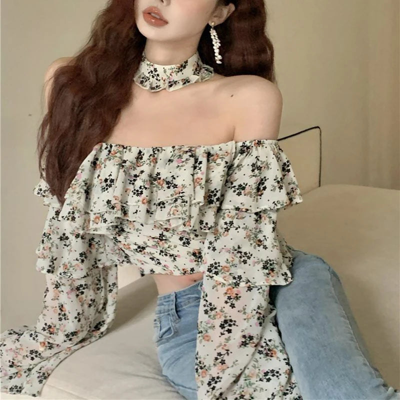 Bxoxo Retro Ruffle Floral Women Shirts Spring New Slash Neck Casual Chiffon Shirt Korean Elegant Patchwork Slim Ladies Cropped Tops
