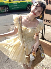BXOXO Sweet Sexy Slim Yellow Dress Women Fashion Lace Patchwork Cute Mini Dress Chic Square Collar Puffy Sleeve Elegant Vestidos