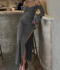 BXOXO Halter Solid Long Sleeve Backless Lace Up Slit Sexy Slim Maxi Dress 2024 Spring Elegant Festival Party Club Clothes Y2K