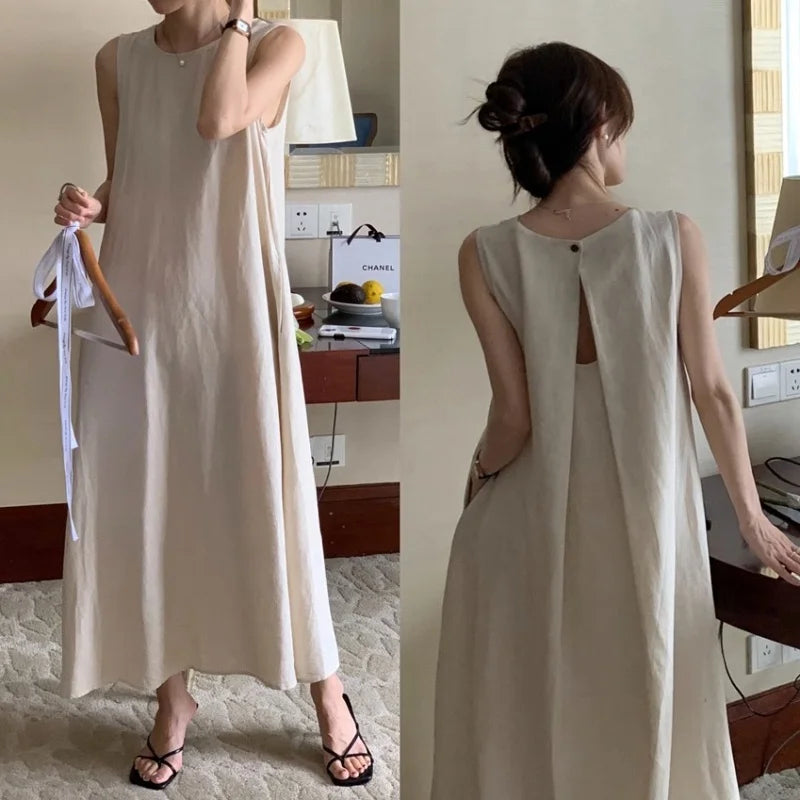 Bxoxo Summer Chic Hollow out Bal Midi Dr round Ne Svel Dr Ele Korean Sle Loose Waist A-Line Skirt Dr