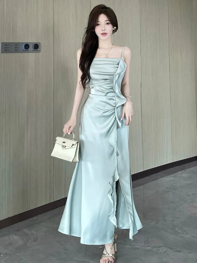 Bxoxo Party Chic Elegant Satin Split Sling Dresses For Woman Ruffles High Waist Folds Long Dress Prom Female Clothes 2025 New Robe