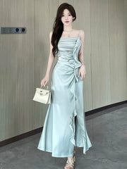 Bxoxo Party Chic Elegant Satin Split Sling Dresses For Woman Ruffles High Waist Folds Long Dress Prom Female Clothes 2025 New Robe