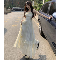 Bxoxo Vintage Ruffle Dress Women Korean Solid Sweet Elegant Preppy Midi Dress Summer Casual Sleeveless Spaghetti Straps A Line Dress
