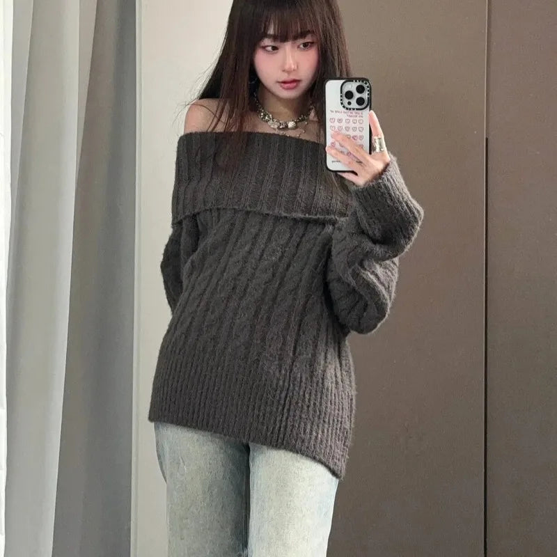 Bxoxo Women Thickening Slash Neck Off Shoulder Solid Simple All-match Casual Sexy Spicy Girls Knitted Sweater Ulzzang Unique
