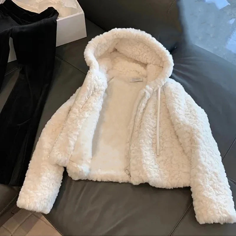 Bxoxo Faux Fur Lamb Hooded Jacket Women Winter Thick Warm Hairy Crop Coat Y2K Loose Streetwear Long Sleeve Zipper Fur Outerwear