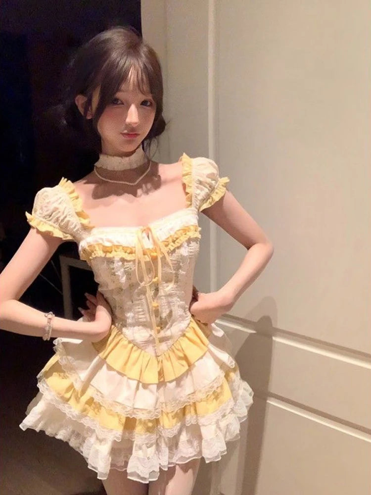 BXOXO Cute Lolita Women Mini Dress High Waist Summer Short Sleeve Japanese Dress Patchwork Lace Ladies Tunic Party Vestidos New
