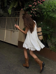 Bxoxo White Sleeveless Ruffles Mini Dress Women Casual Boho Beach Sundress Cute Girl Home Dresses Loose Summer Dress Oversize