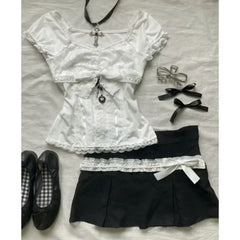 BXOXO Summer New Two Piece Sets Women Japanese Sweet Vintage Lace Slim Short Sleeve Tops + Y2k High Waist Bow Patchwork Skirts