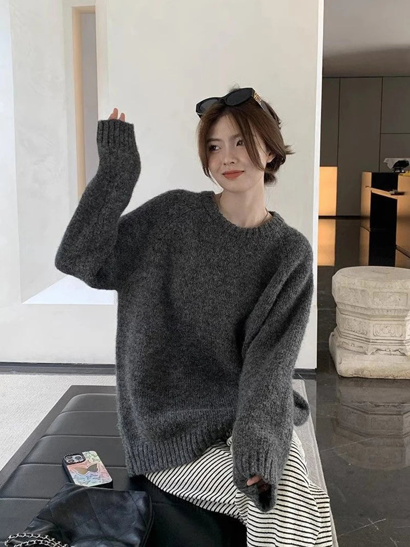 Bxoxo Streetwear Loose Gray Sweaters Women Long Sleeve Vintage Simple Knitted Pullover Korean Fall O Neck Female Retro Jumpers