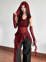 BXOXO Vintage Gothic Hooded T Shirts Women Sexy See Through Slim Y2K Tees Streetwear Harajuku with Sleeves Female Irregular Tops