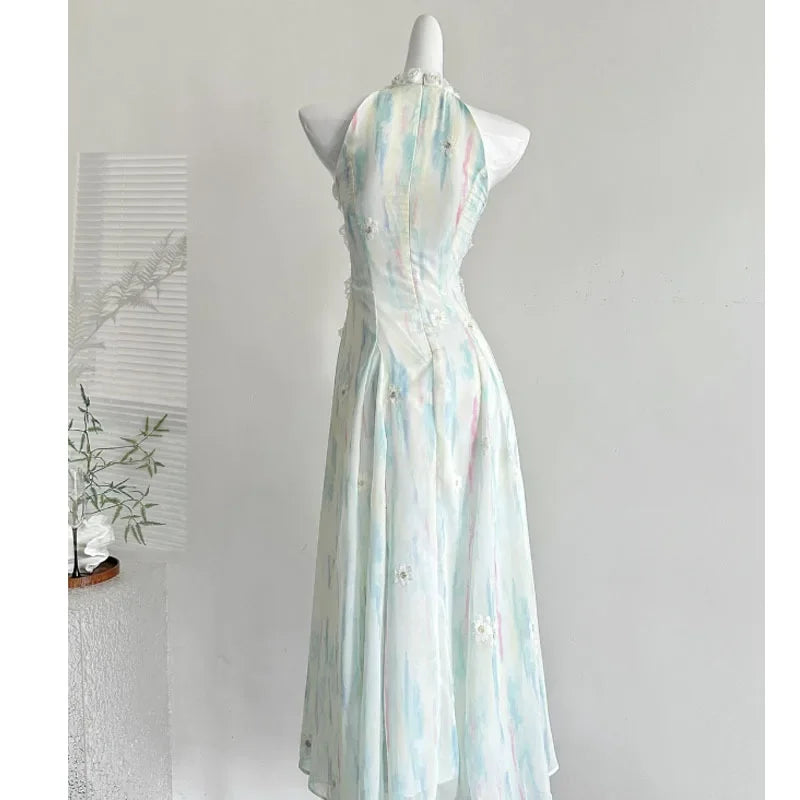 BXOXO New 2025 Jasmine Green 2.0 Summer Fairy Sweet Slimming Waist Long Dress Design Sense Skirt Polyester Fiber round Neckline Ankle-