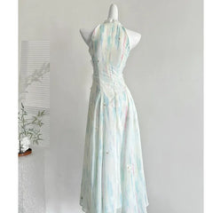 BXOXO New 2025 Jasmine Green 2.0 Summer Fairy Sweet Slimming Waist Long Dress Design Sense Skirt Polyester Fiber round Neckline Ankle-