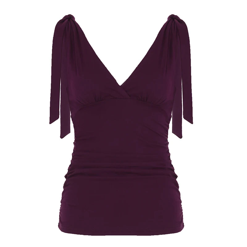 Bxoxo Elegant Ladies Solid Tank Top Vintage 2000s Folds V-neck Sleeveless Skinny Knitted Crop Tops Women Casual Summer Tees y2k
