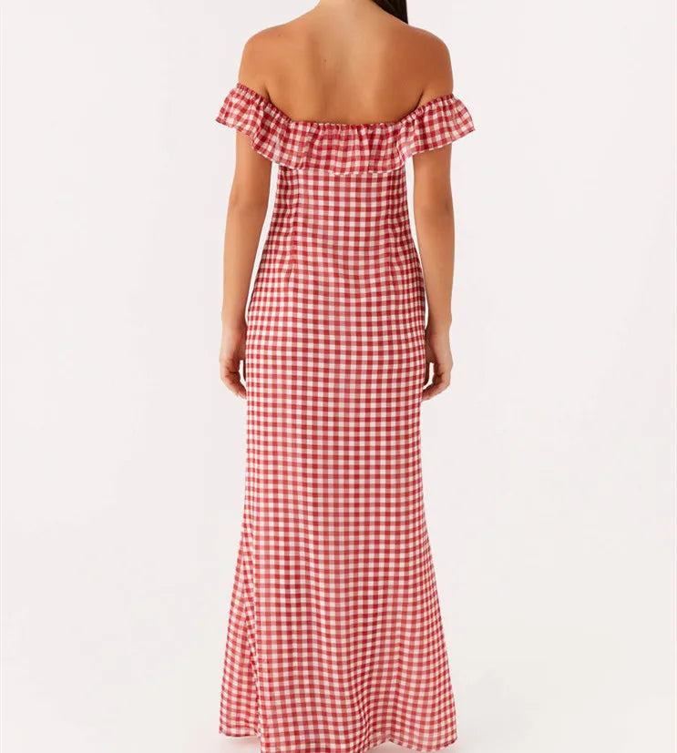 BXOXO Women Off Shoulder Long Dress Slim Dot/Plaid Tie-up Cut Out Ruffle Sleeve Backless Bodycon Dress for Party Club