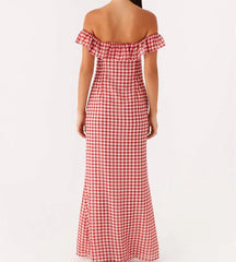 BXOXO Women Off Shoulder Long Dress Slim Dot/Plaid Tie-up Cut Out Ruffle Sleeve Backless Bodycon Dress for Party Club
