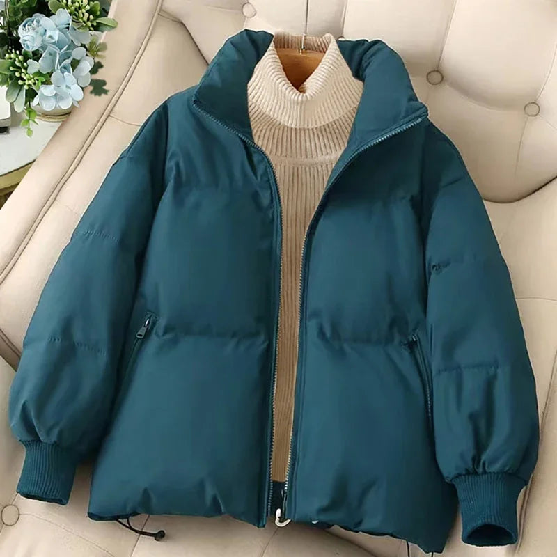 Bxoxo Women Solid Loose Zipper Coat Long Sleeve Pocket Casual Down Coat Winter Thermal Thickened Fall Cotton-padded Jacket 2023