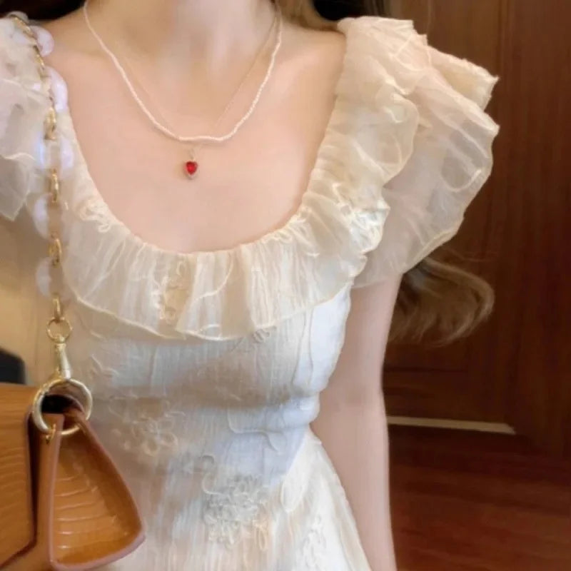 BXOXO French Style Solid Color Summer Dress Women's Knee-Length Sleeveless Holiday Beach Vacation Skirt Short Flounce Sleeve