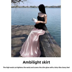 Bxoxo Pink Glimmering Long Half Skirt Women's Summer Flowing Silk Satin Drapey A- Line Midi Skirt Polyester Fiber Plain Color