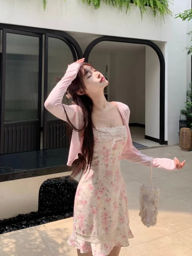 Bxoxo Summer Japanese 2 Piece Dress Set Women Elegant Casual Cardigan + Sweet Slim Floral Y2k Mini Dress Elegant Beach Korean
