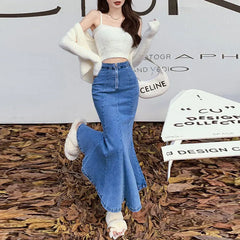 Bxoxo Long Denim Skirt for Women High Waist Autumn Blue Slim Jean Fishtail Skirt Korean Fashion Skinny Solid Elastic Slit Skirt Women