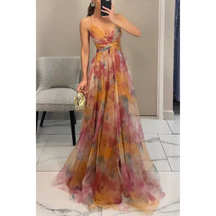 BXOXO  V-Neck Sexy Hollow Out Party Dress, Women Summer Loungewear Fashion Printing Maxi Dress, Sleeveless Lace-Up Ladies Dress Vestido