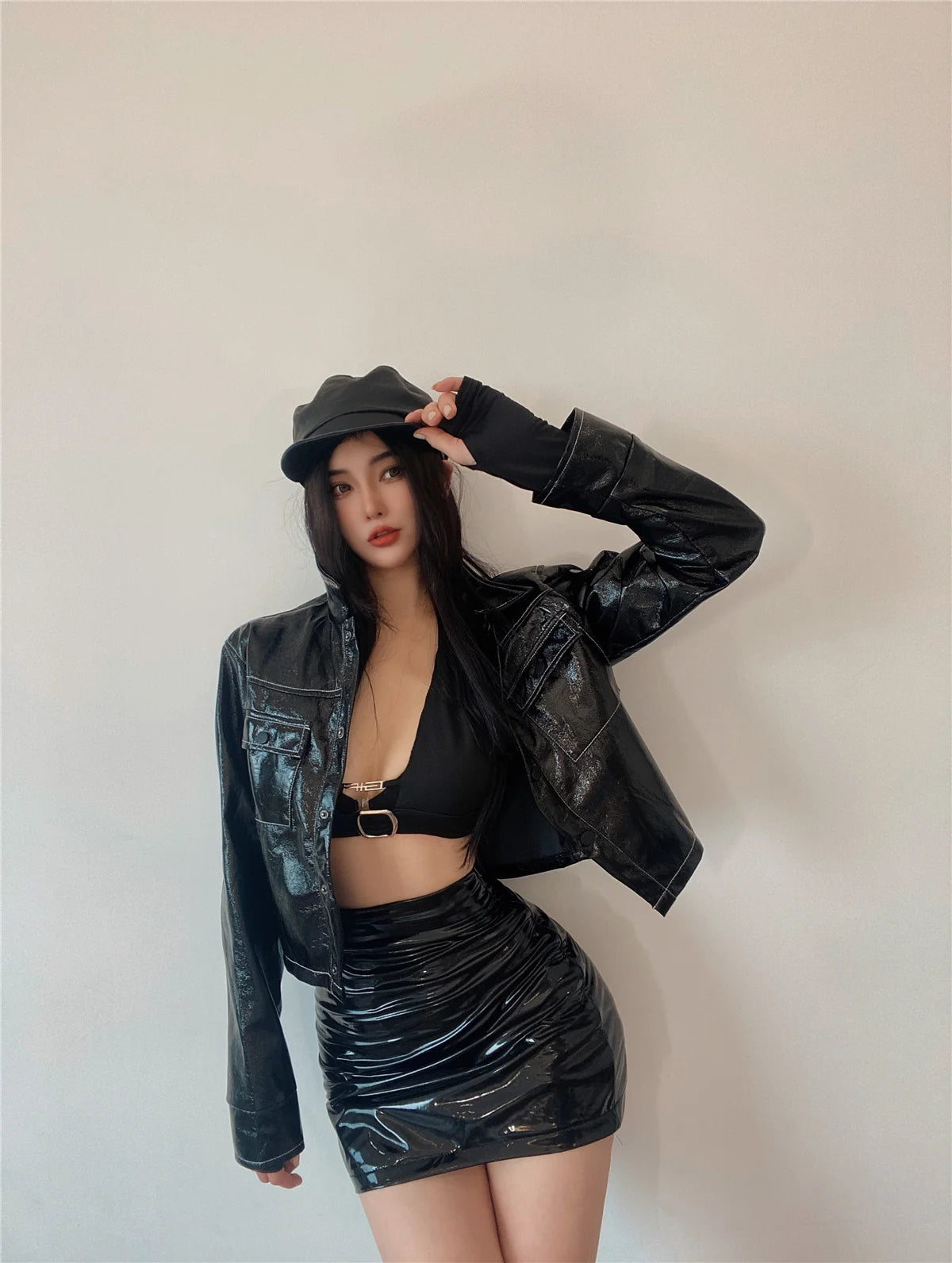 Bxoxo Autumn Sweet Winter Black Sexy Tight High Waist Leather Mini Skirt Reflective PU Hot Sexy Korean Women Sweet 9SVK
