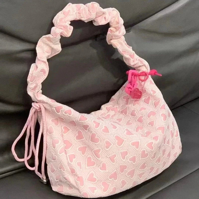 BXOXO Fashion Cute Women Shoulder Bag Heart Printed Korean Style Pink Handbag New Casual Large Capacity Pleated Crossbody Bag