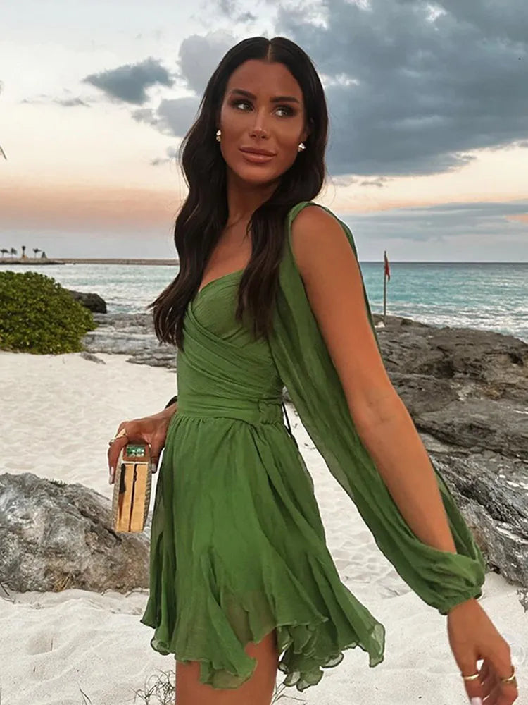BXOXO  Women's Fashion Green Chiffon Mini Dress Elegant V-neck Split Long Sleeve Ruffle High Waist Dresses Lady Holiday Beach Vestidos