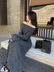 Bxoxo Sexy Slash Neck Knit Sweater 2 Piece Set Women Y2K Autumn Winter Slim Crop Sweater Female Korean High Waist Long Skirt Suit New