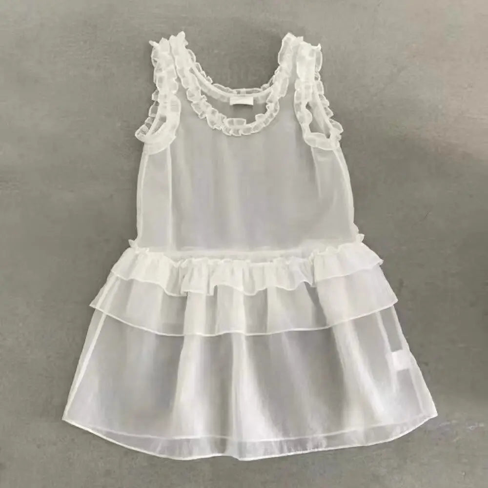 Bxoxo Korean Style Lace Tank Tops Women Y2k Fairycore White Ruffle Sleeveless Dress See-through Aesthetic Kpop Mesh Dress