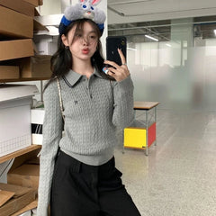 Bxoxo Preppy Style Embroidery Sweaters Women Old Money Style Korean Knitted Pullover Vintage Long Sleeve Gray Polo Jumpers