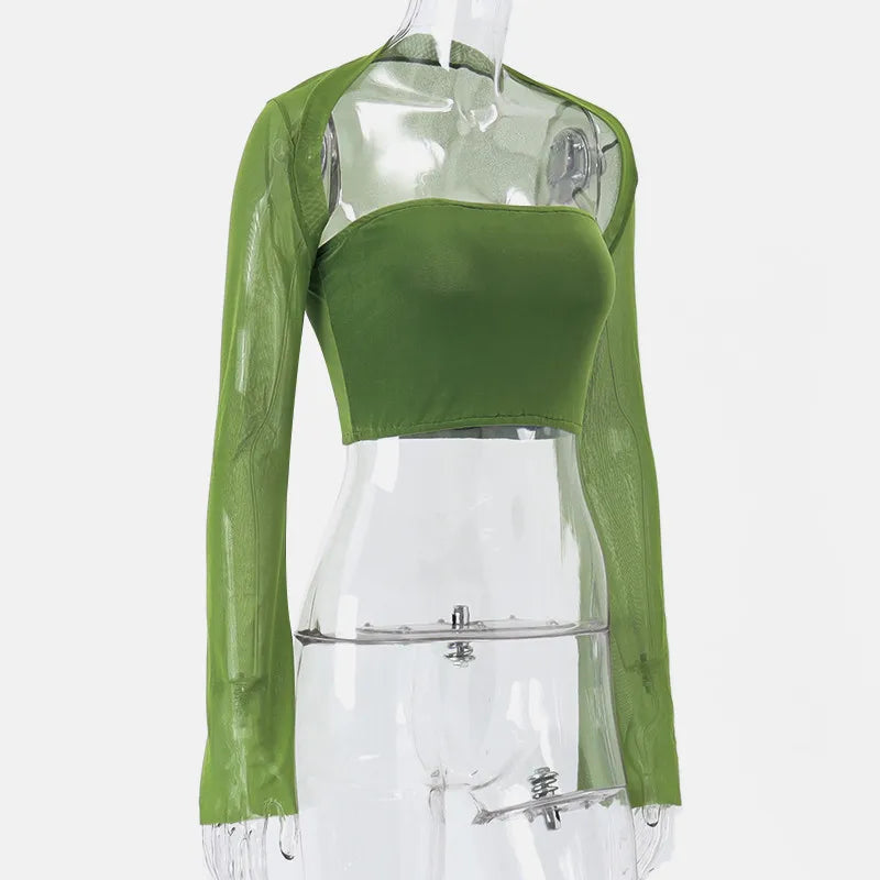 Bxoxo Aesthetic Vintage Women 2 Piece Sets Green Strapless Tank Top With Sexy Mesh Sheer Flare Long Sleeve Shawl Street Outfit