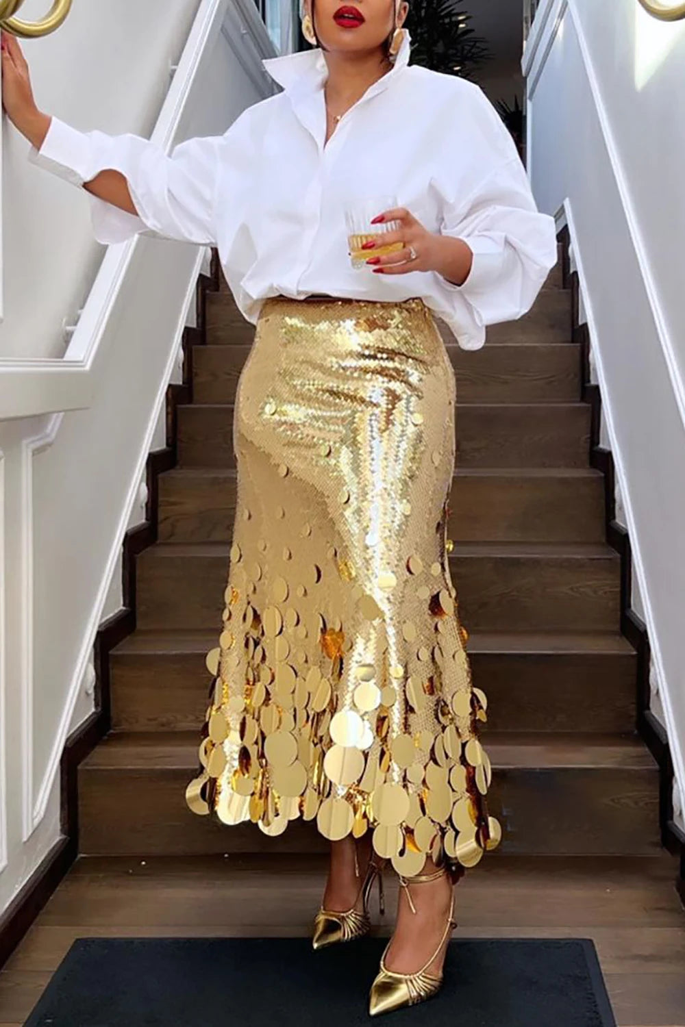Bxoxo Plus Size Women Formal Skirts Elegant Gold Silver Long Sequin Party Club Evening High Waist Skirts Female Casual Cocktail Skirts