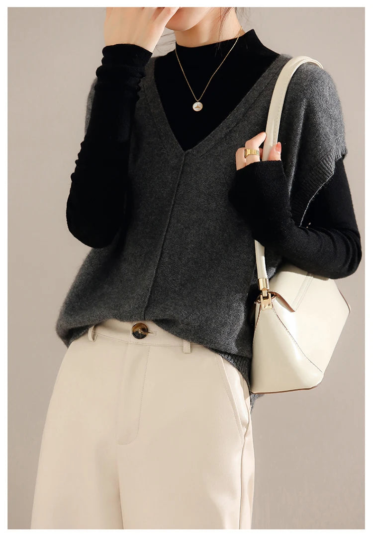 Bxoxo Cashmere Vest Ladies New 100%Pure Wool Knit Waistcoat Spring V-Neck Large Size Sweater Wild Sleeveless Vest Solid Loose Top