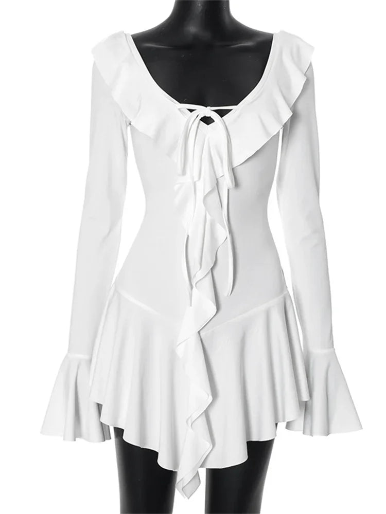 BXOXO Ruffled Lace-Up White Mini Dress Women's V-Neck Patchwork Long Sleeve Sexy Slim Dress Bandage Elegant Female Summer Dress
