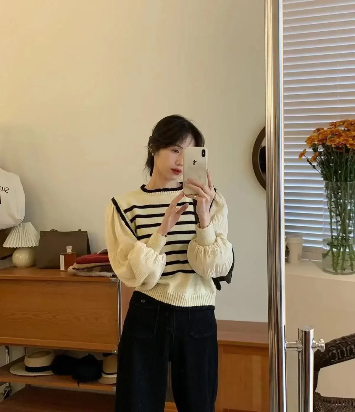Bxoxo women Black and white striped fake two-piece knitted sweaters pring and autumn Korean soft glutinous pullover sweater female