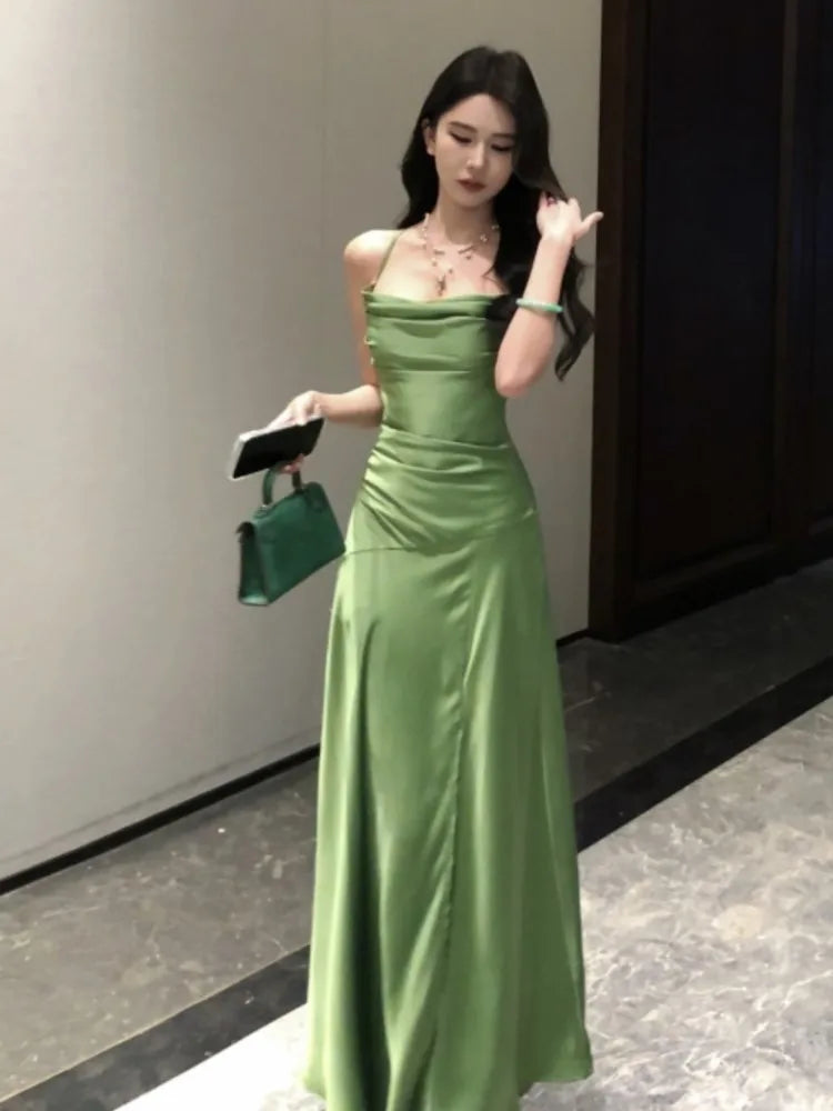 Bxoxo Women's Satin Green Evening Midi Dress Elegant Sleeveless Slit Party Holiday Dresses Slim A-line Wedding Guest Gown Vestidos New