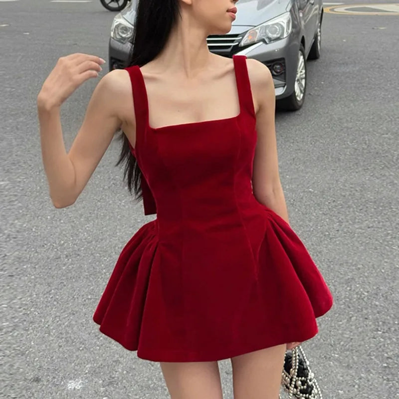 BXOXO Red Bow Dress Women's Sexy Backless Slim Tank Top A Line Dress Sleeveless Spaghetti Straps Luxury Party Evening Dress