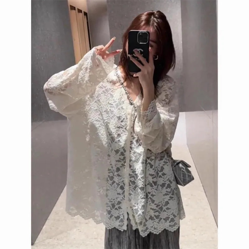 Bxoxo Y2K Lace Sheer Black Shirts Women Streetwear Sexy Hollow Out White Blouses Korean Aesthetic Long Sleeve Chic Sun Protection Tops