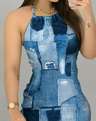 BXOXO Women's Dresses Summer Fashion Denim Look Print Casual Halter Backless Sleeveless Daily Mini Tied Detail Vacation Dress