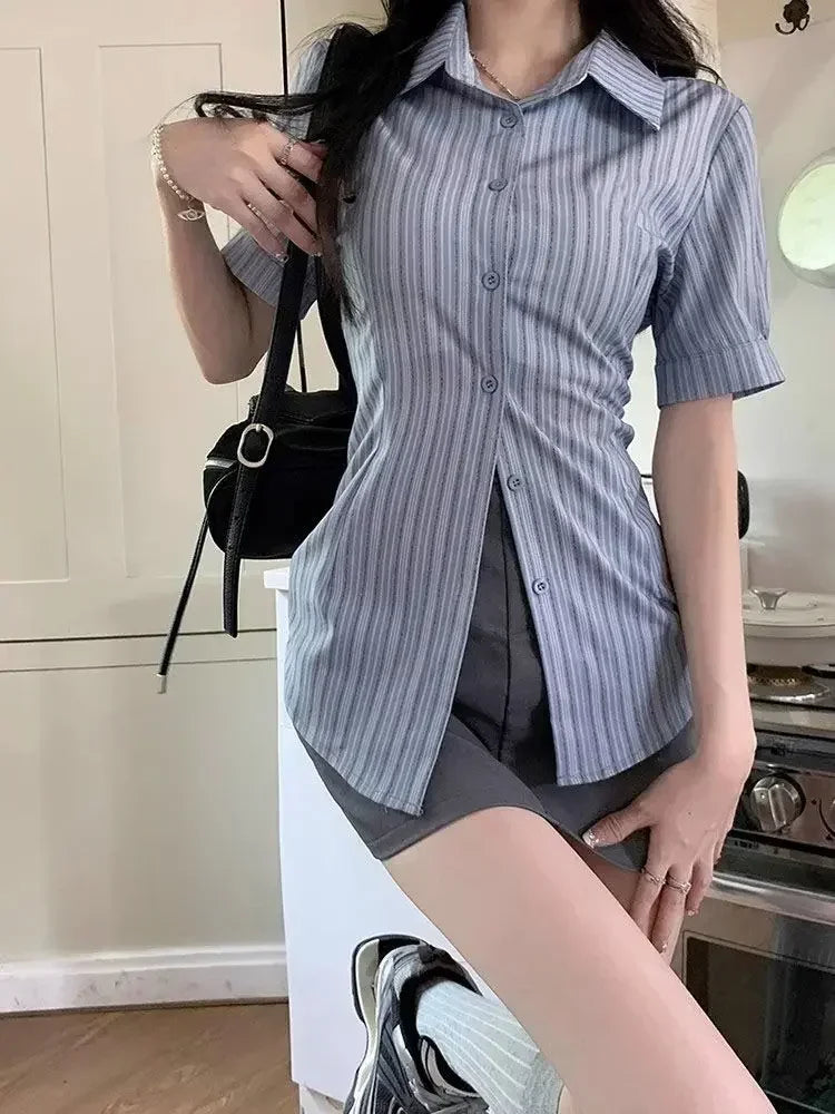 Bxoxo Stripe Short-sleeved Shirt American College Style Waist Cinched Shirt for Women Summer Fashion Spicy Girl JK Short Sleeved Top