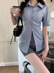 Bxoxo Stripe Short-sleeved Shirt American College Style Waist Cinched Shirt for Women Summer Fashion Spicy Girl JK Short Sleeved Top