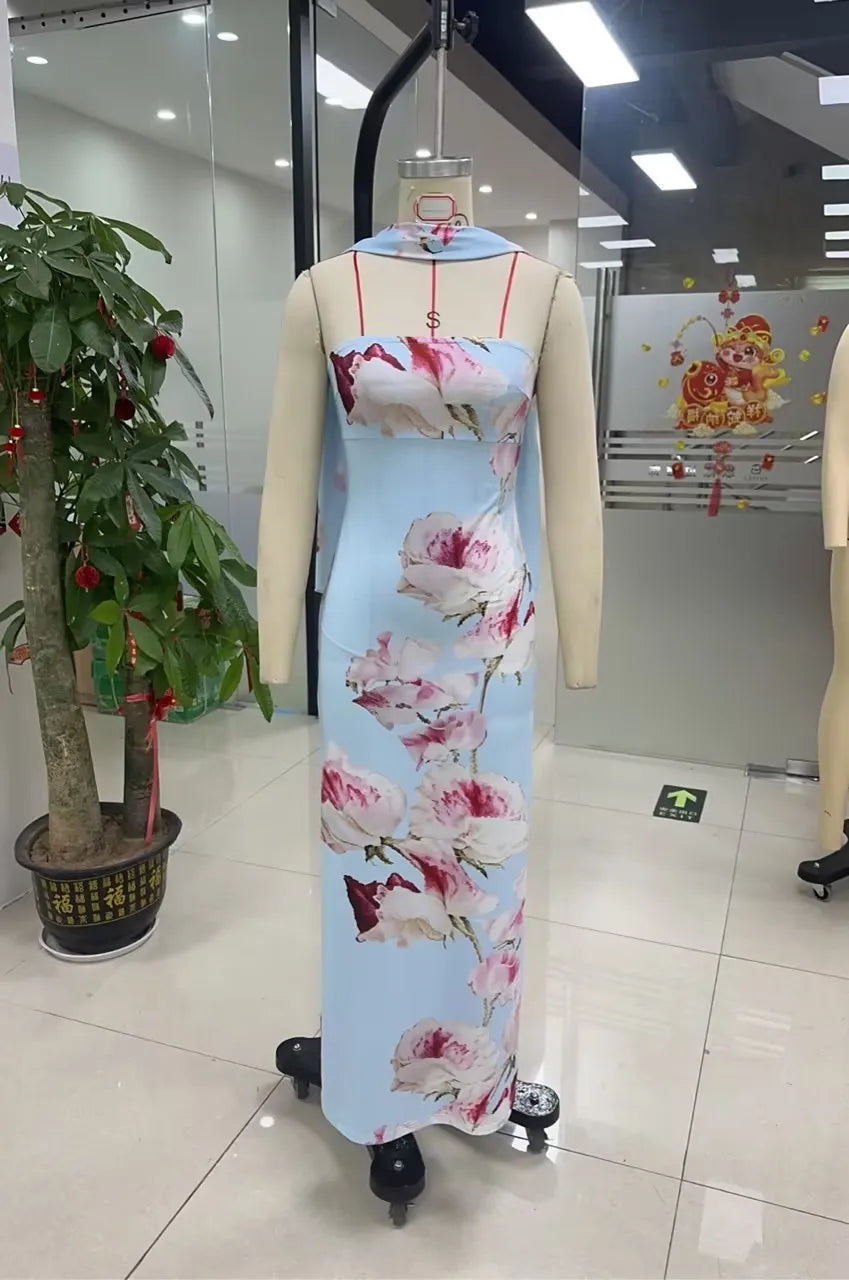 BXOXO Women Long Dress Floral Print Tube Dress Summer Fashion Backless Casual Strapless Dress with Choker Scarf