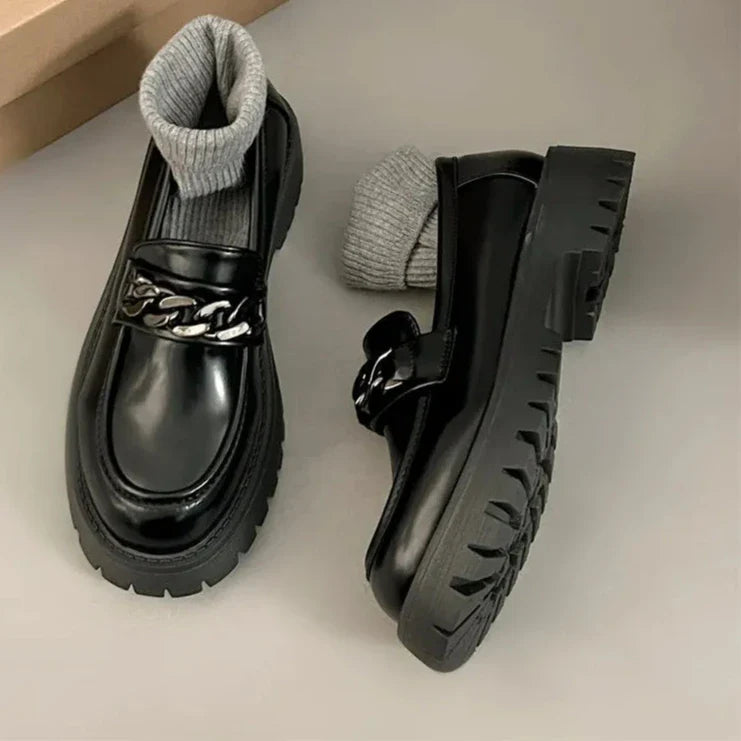 BXOXO Chunky Heel Platform Metal Chain loafers Women Pumps Black round toe small leather shoes Female Casual Retro JK Uniform shoes