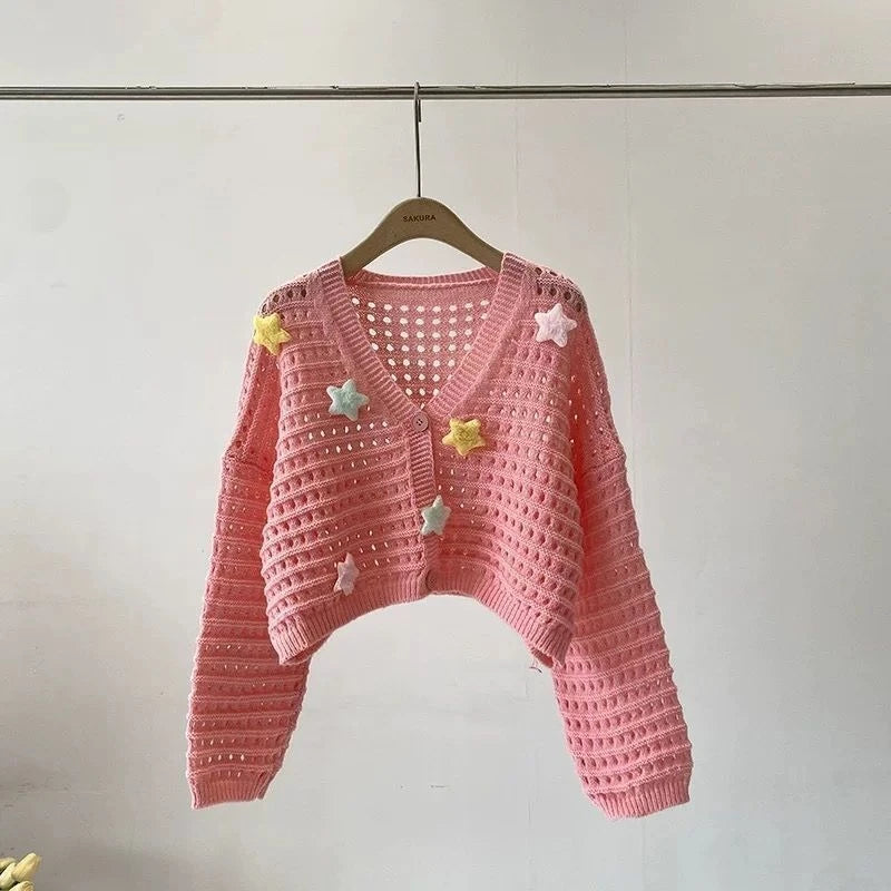 Bxoxo Sweet Star Hollow Out Knitted Cardigans Women Kawaii Y2k Pink Crop Tops Elegant Casual Cutecore Long Sleeve Cardigans