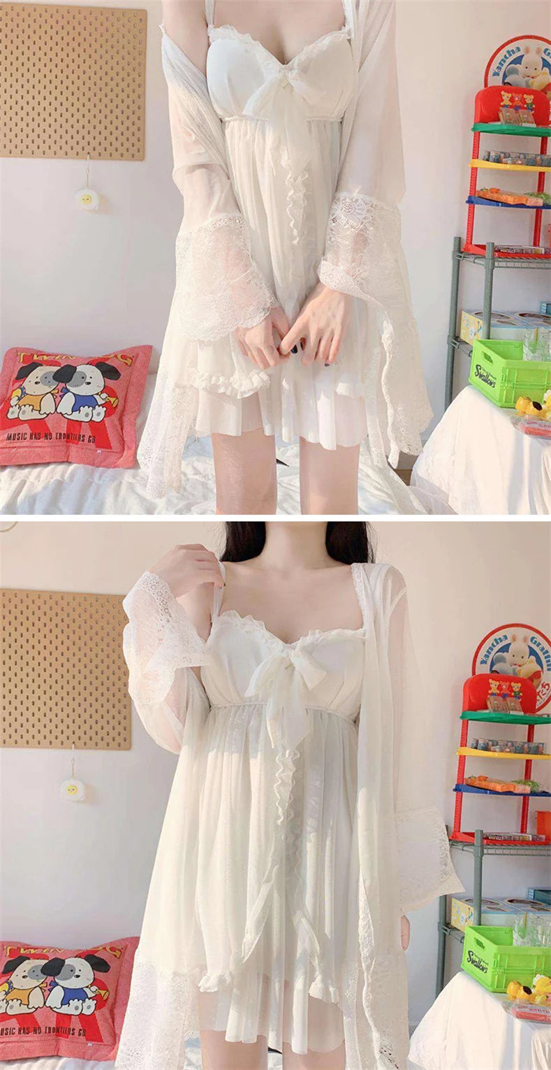 Bxoxo Elegant Sweet Simple Solid White Women Robe Gown Sets Chic Lace Bow Mesh  Sleepwear Breathable Slim Nightdress