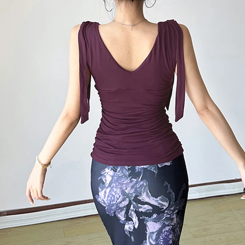 Bxoxo Elegant Ladies Solid Tank Top Vintage 2000s Folds V-neck Sleeveless Skinny Knitted Crop Tops Women Casual Summer Tees y2k