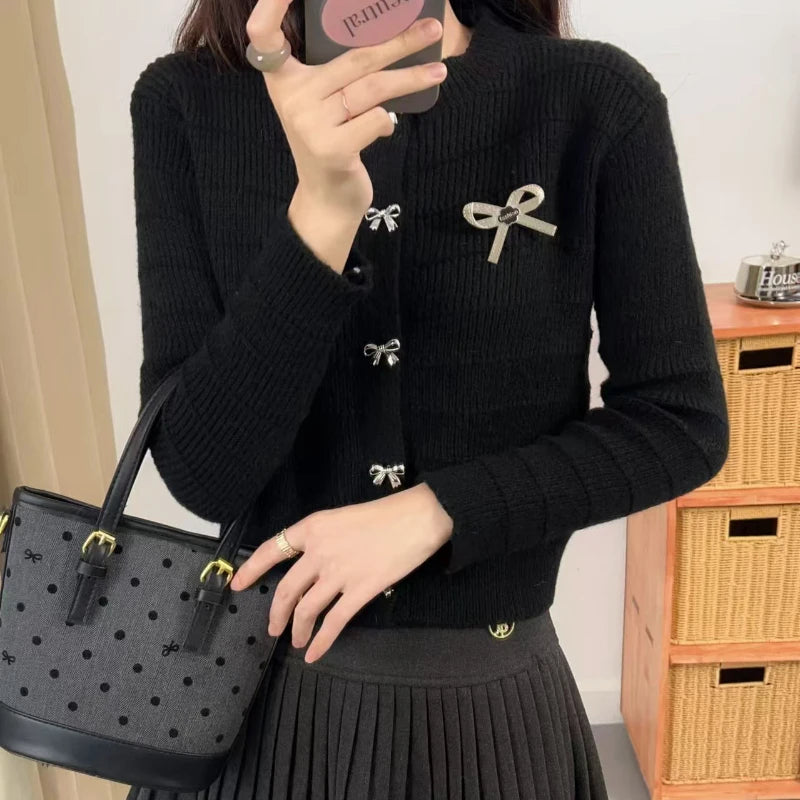 Bxoxo Ribbon Button Up Knit Cardigan Sweater for Women Long Sleeve Button Front Sweater Jacket Teen-girl Y2K Cute Outfit