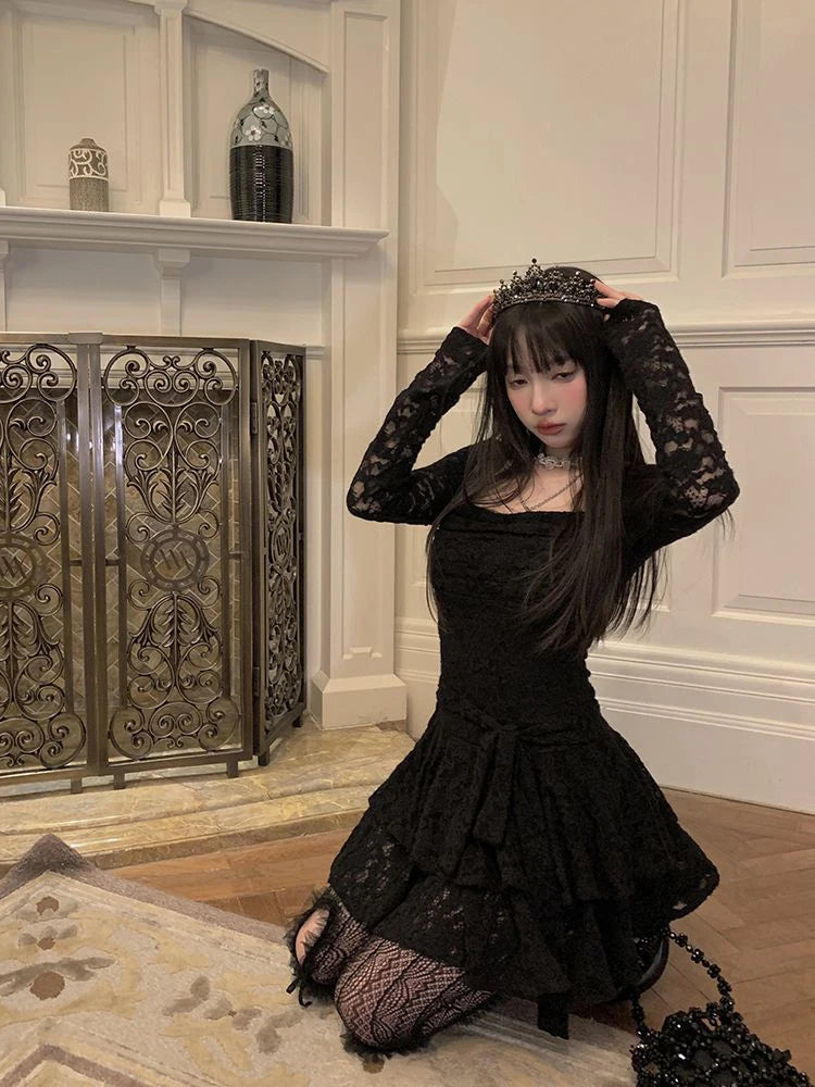 Bxoxo Gothic Black Lace Dress Women Y2K Fall Vintage Elegant Square Collar Purple Mini Dress Streetwear Sexy Slim Party Vestidos New